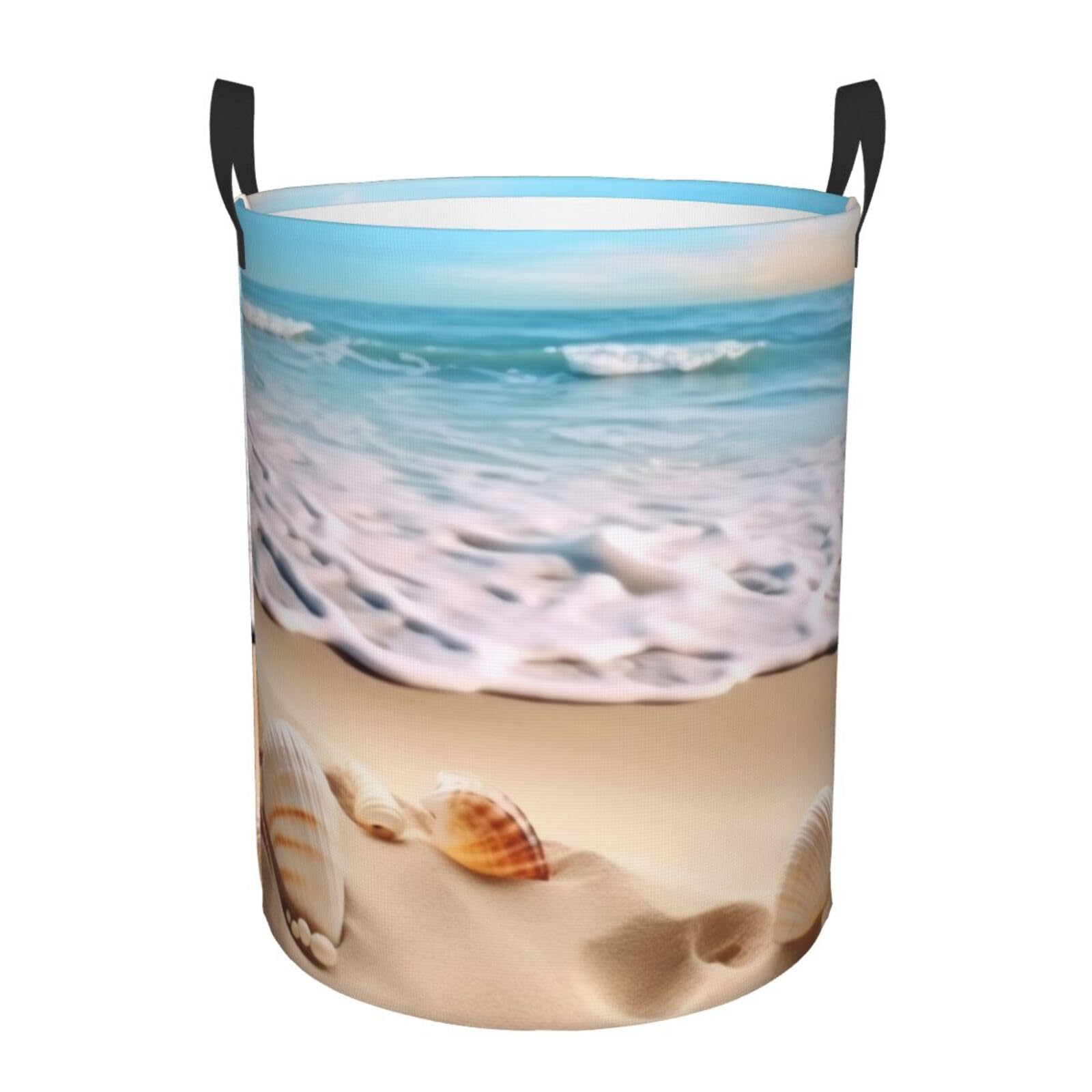 Circular Laundry Basket/Seashells Sand/Foldable Dirty Clothes Storage Hamper, With Handles, Water Resistant, For Bedroom Bathroom Storage Bins 50x40cm