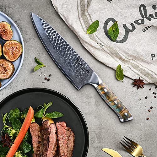 Wildmok Chef Knife,8 Inch Damascus Japanese Kitchen Knives,Vg10 Steel&Resin Handle Chef Knife,Hammered Finish Chef's Knives,Japanese Damascus Knife Including Gift Box #TOP4