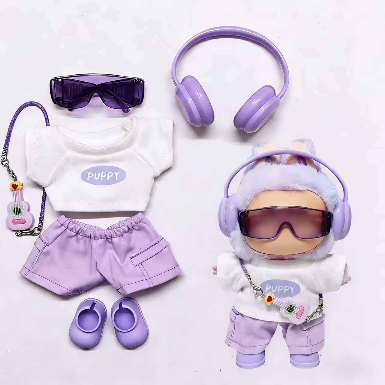 6-Piece Clothing Set for Labubu 15 cm/17 cm Doll Hip-hop Costume Set with Headset Glasses Shoes Plush Doll Accessories for Gift Idea for Girls and Boys (NO Doll) (Purple)