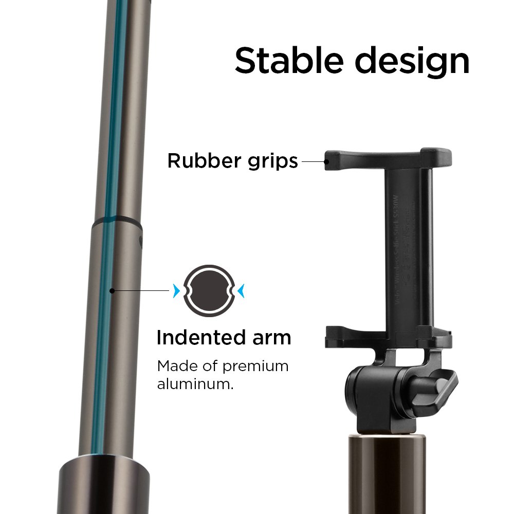 Image detailing the stable design of the selfie stick, including rubber grips and an indented aluminum arm.
