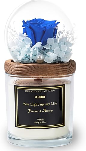 U UQUI Velas de flores para mujer, regalos para el día de San Valentín para ella, juego de regalo de velas perfumadas de rosa preservada, velas de