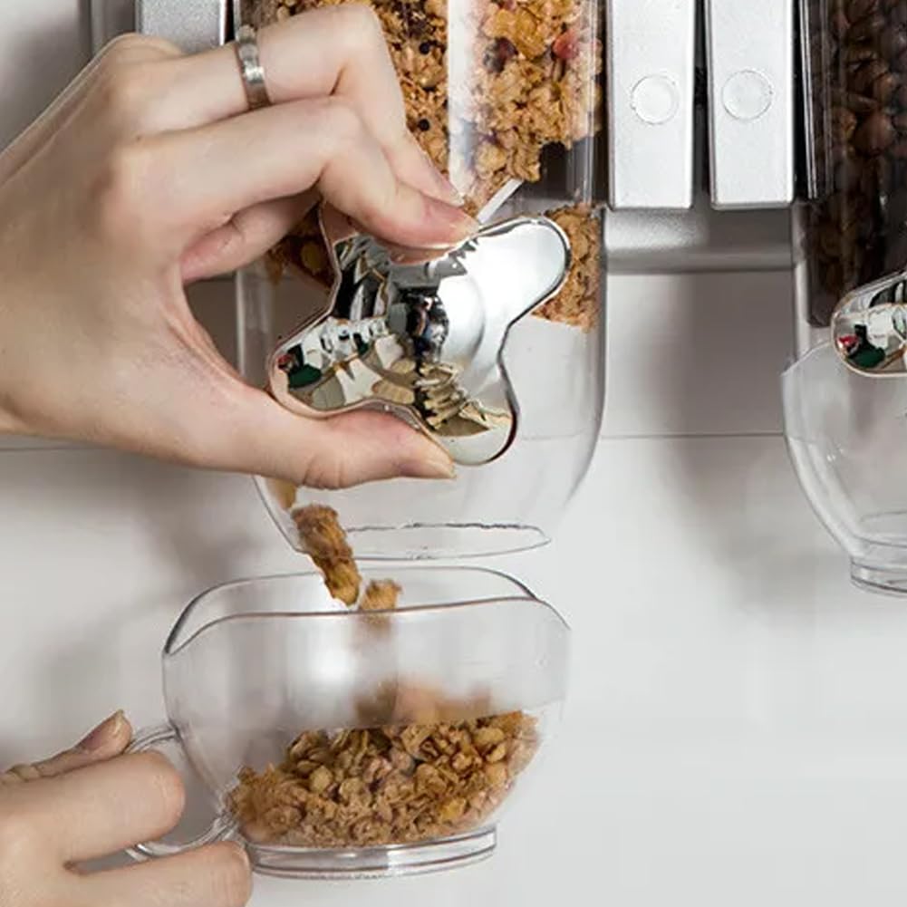 BAKAJI Dispensador de cereales triple de pared, dispensador de tres montaje en pared, dispensador para alimentos secos, caramelos, copos de maíz, nueces, tapa extraíble con cierre hermético (plateado)
