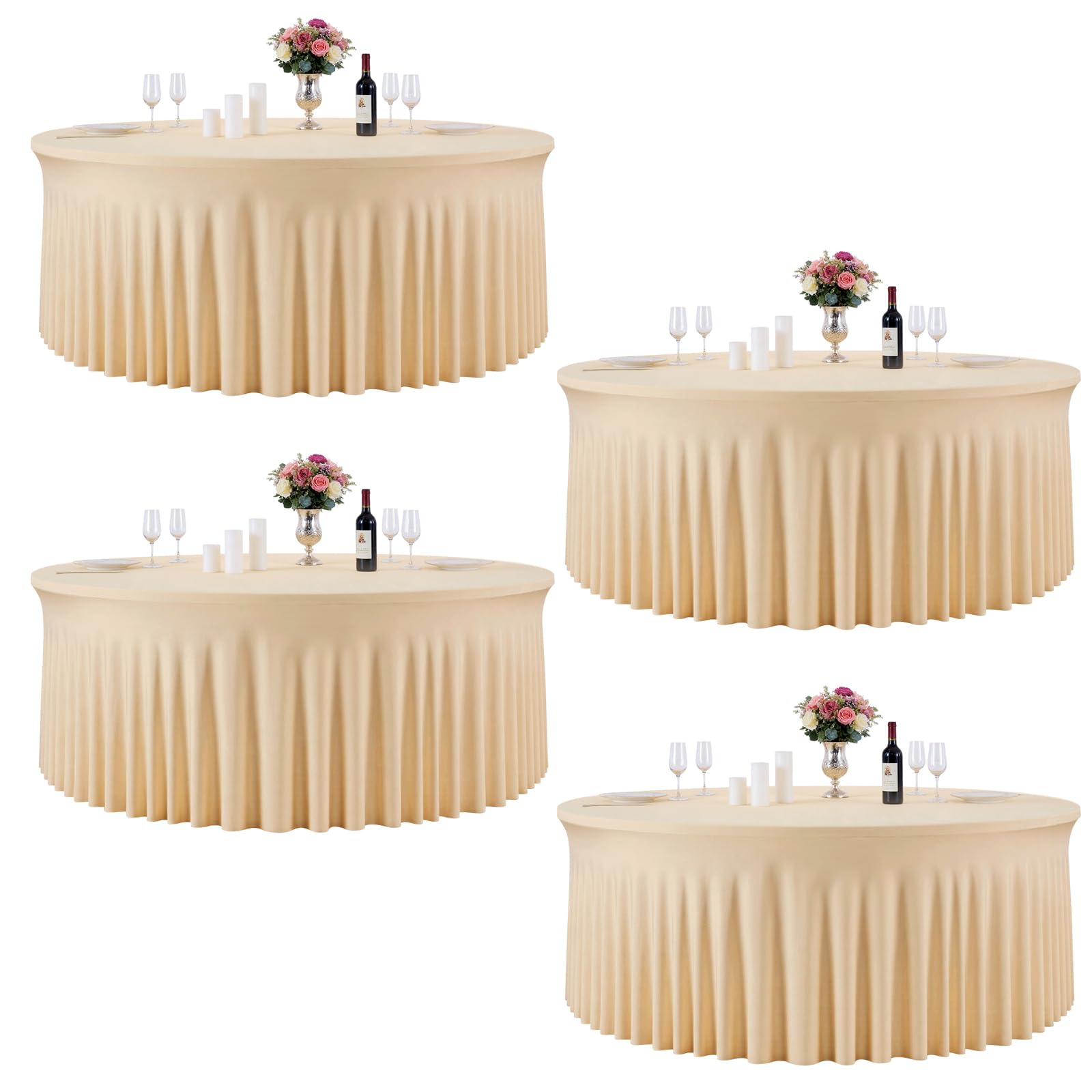 4 Pack 120 Inch Champagne Cloth Tablecloth for 5FT Round Tables, Stretchy Fitted Circle Picnic Tables Cloths for Outdoor, Table Cover with Table Skirt