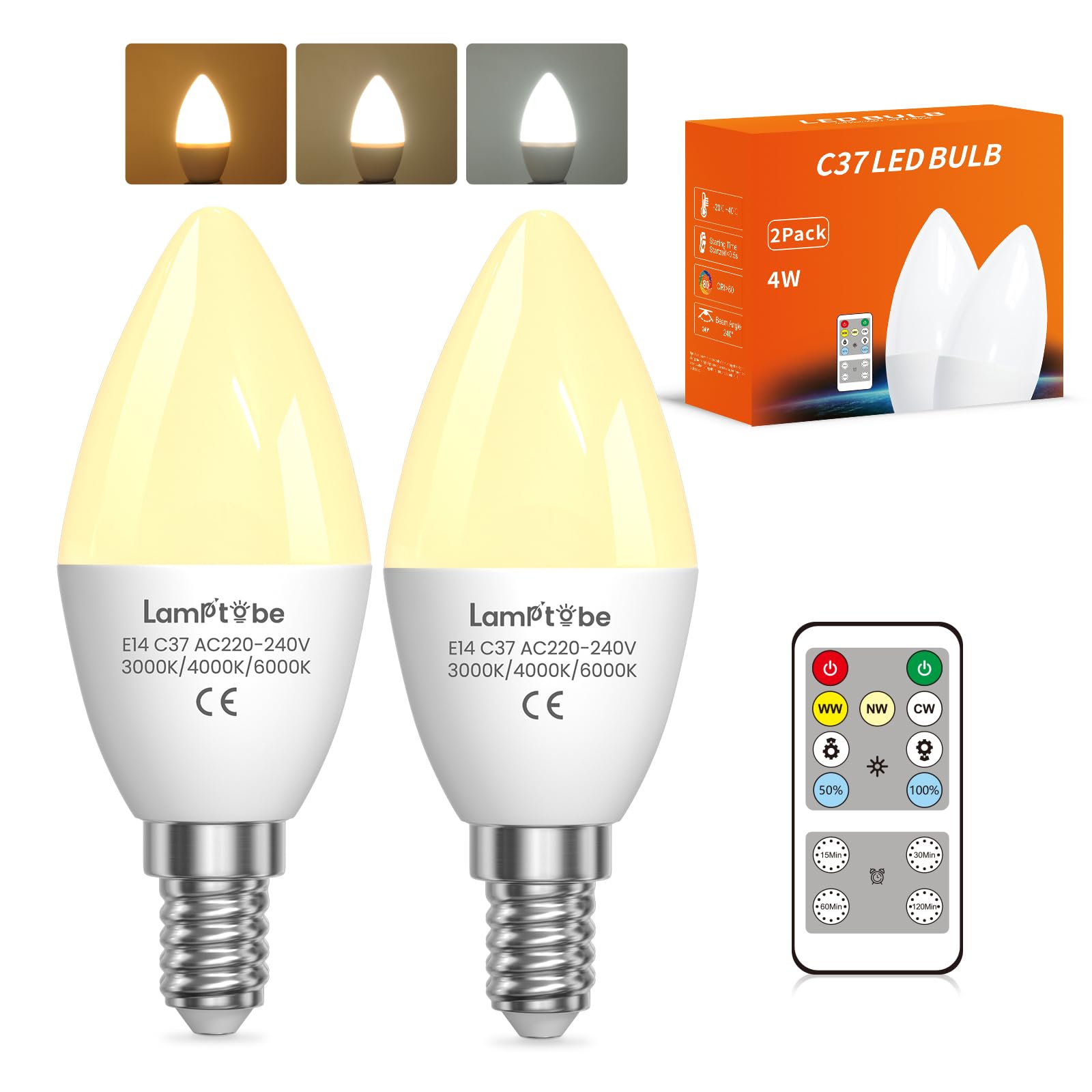 E14 LED Candle Bulb Dimmable with Remote Control | 3 Colour Temperatures (3000K/4000K/6000K) | Timer & Memory Function | 4W Equivalent to 30-40W | Ideal for Bedside & Living Room(Not Rechargeable)