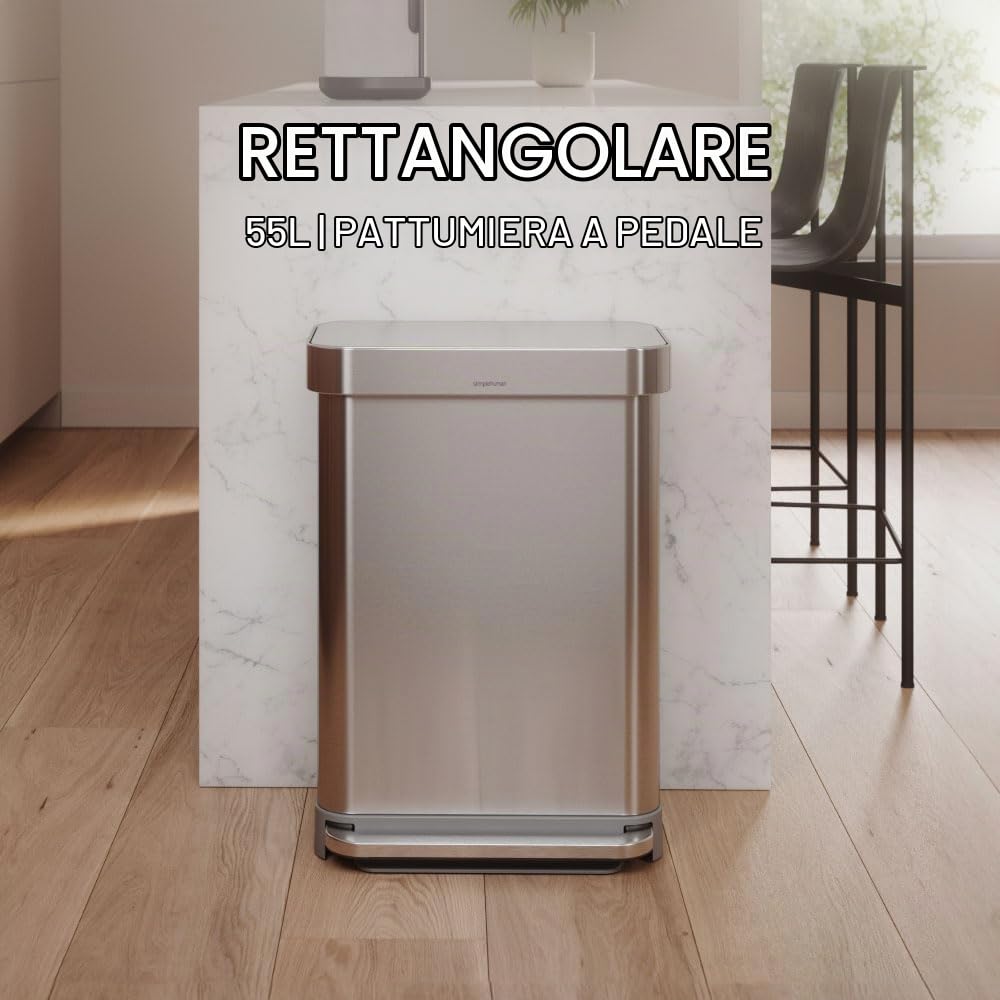 simplehuman CW2023 cestino rettangolare con pedale e porta sacchetti, pattumiera da cucina, acciaio inox spazzolato, 55 L