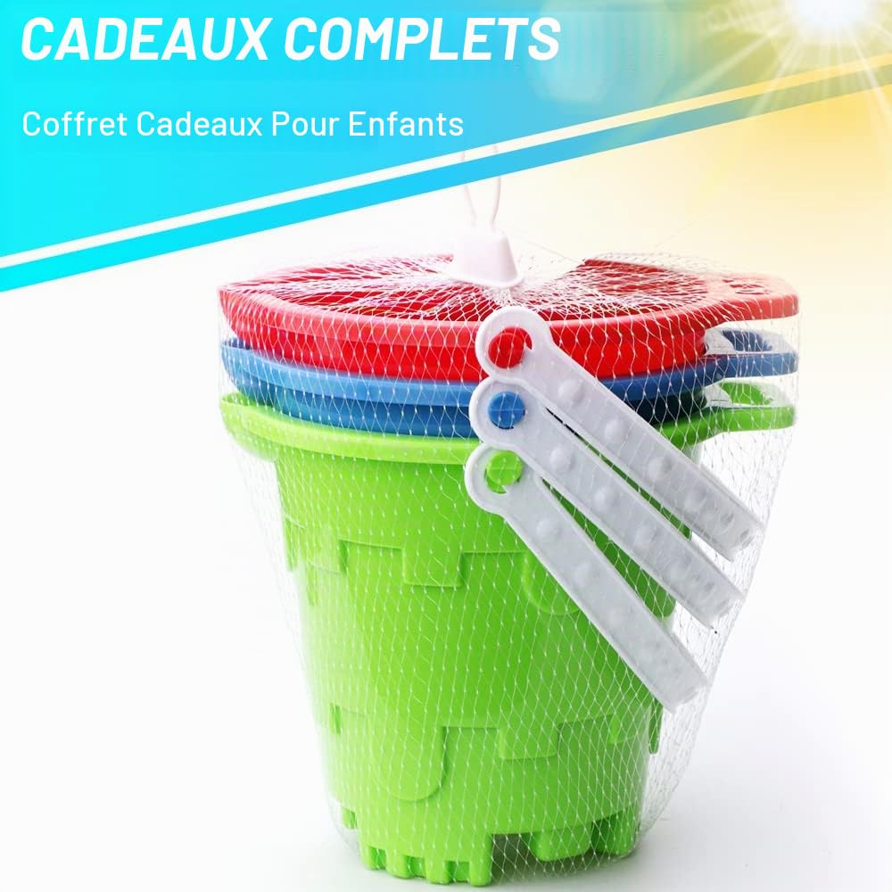 Lot De 3 Seaux De Plage Château Fort – Plastique ABS Épais – 17,8 Cm – Vert, Bleu, Rouge – Idéal Bac à Sable, Piscine, Cadeau Enfant Dès 2 Ans