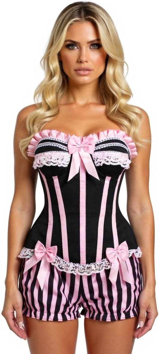 Daisy corsets Women's Daisy Corsets Womens 2 Pc Burlesque Pink/Black Striped Steel Boned Corset & Bloomers - Plus Size