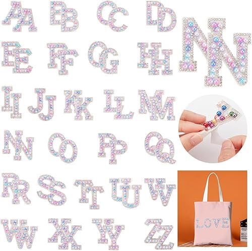 INFUNLY 52 parches de perlas de letras, 2 juegos de parches autoadhesivos brillantes de imitación morados con diamantes de imitación del alfabeto de