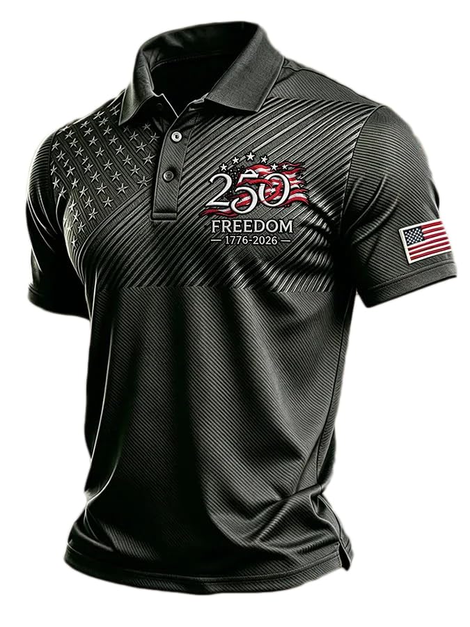 Mens American Flag Print Casual Polo Shirt U.S. 250Th Anniversary 250 Years of Freedom 1776-2026 Button Tee (Black X-Large)