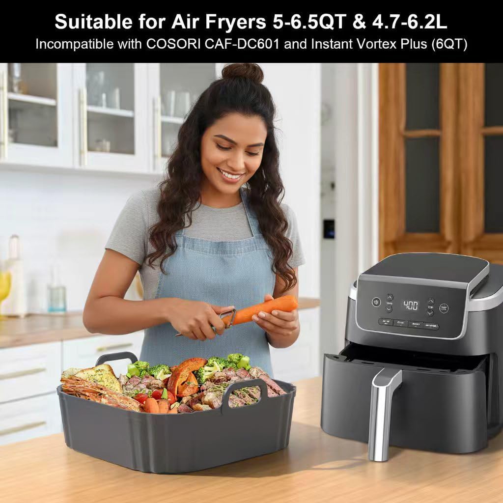 8.5 Inch Square Silicone Air Fryer Liners 2 Pack, Reusable Air Fryer Basket Liners for Ninja AF141 AF142 AF181, COSORI, Cuisinart, Chefman, Instant Air Fryer 5–6.5 QT - Image 3