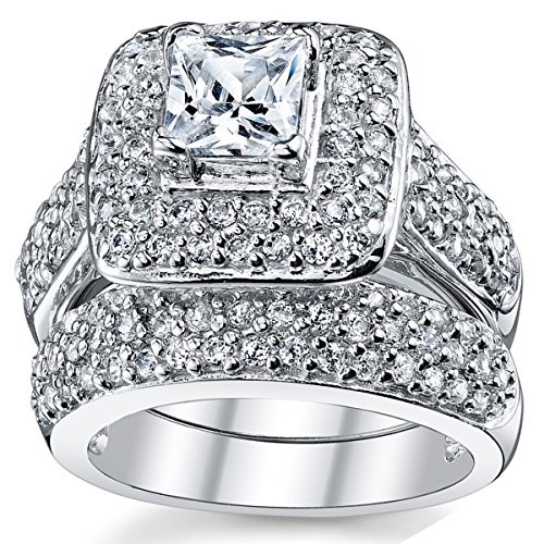 Women's 1Ct. Sterling Silver 925 Princess-cut Double Halo Cubic Zirconia Wedding Engagement Ring Set3
