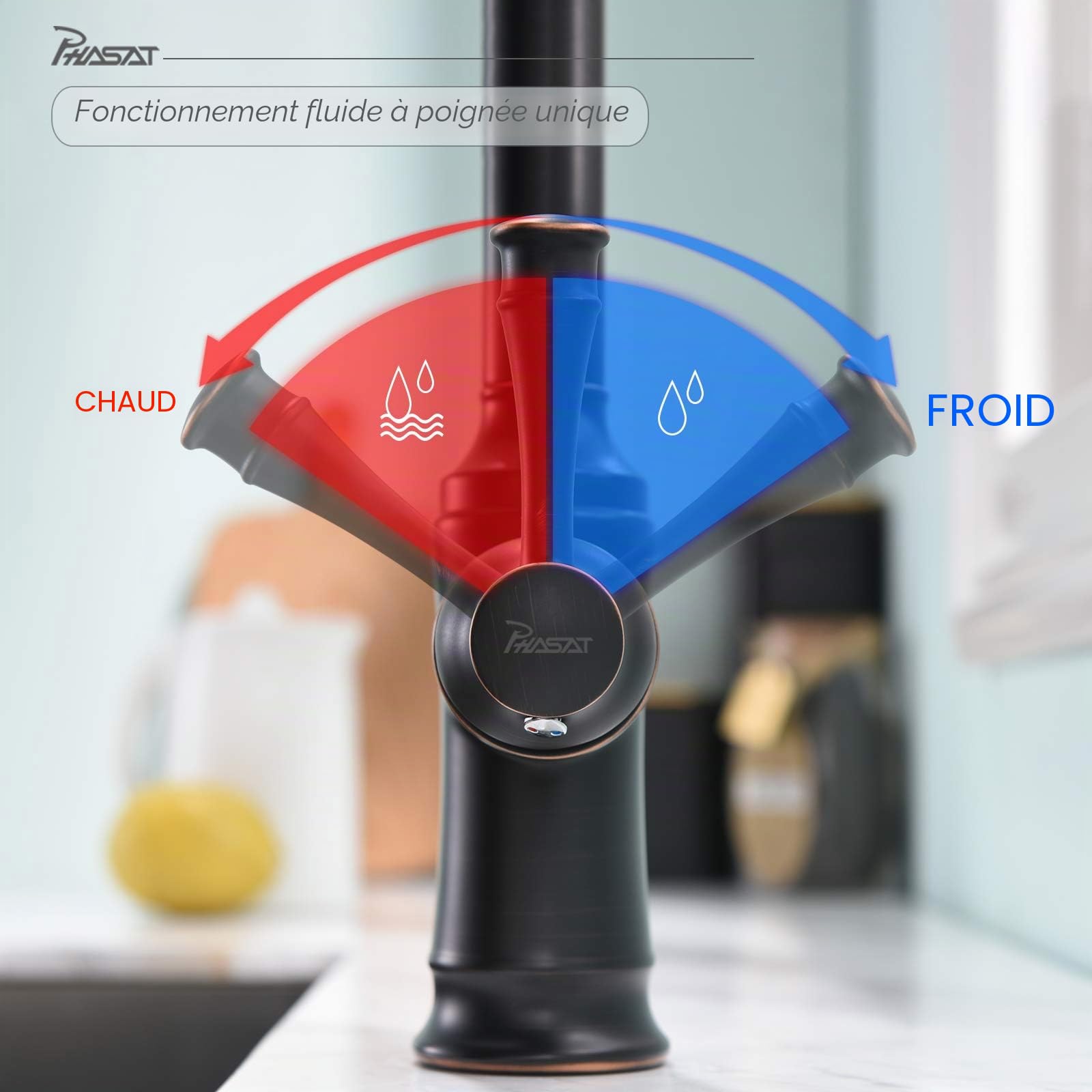 PHASAT Robinet Mitigeur de cuisine extensible avec douchette extensible à 360° 2 fonctions Robinet de cuisine ORB KZ06