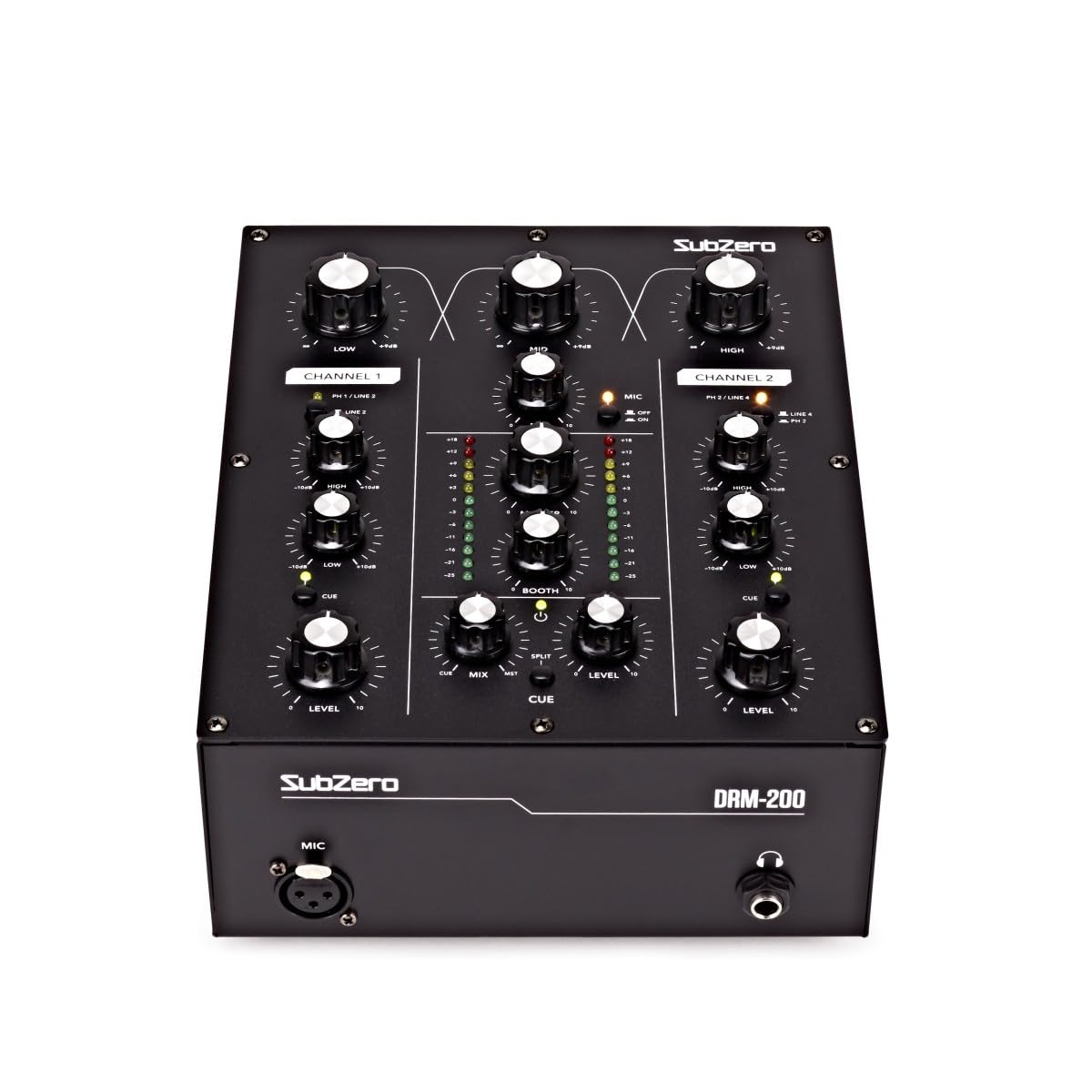 SubZero Mixer DJ rotativo a 2 canali | Per DJ, controlli rotativi per un feeling analogico, EQ 3 bande, monitoraggio cue split, ingresso mic dedicato
