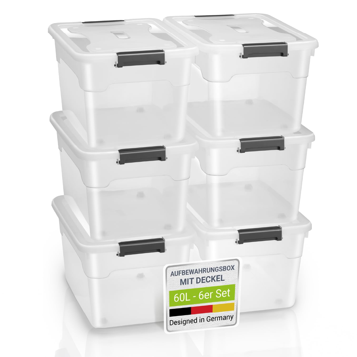 Juskys Aufbewahrungsbox mit Deckel - 6er Set Kunststoff Boxen 60l - Box groß, stapelbar, transparent - Aufbewahrung Ordnungssystem Aufbewahrungsboxen