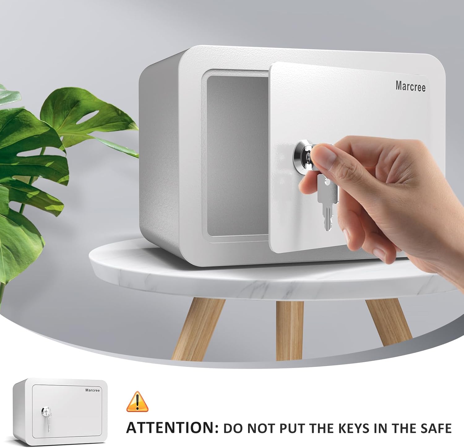 Marcree 0.23 Cubic Safe Box for Kids, Security Safe Steel Construction with Key Lock, Home Safes with Rounded Design for Child Protection, Lock Box for Home, 6.69 x 9.06 x 6.69 Inches, White