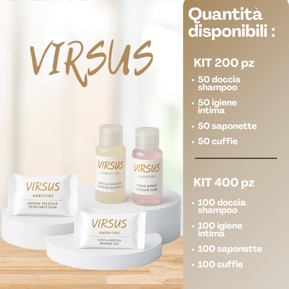 Virsus 400 Pezzi Kit Cortesia LUSSO: 100 Flaconi Igiene intima da 20ml, 100 Flaconi Doccia Shampoo da 20ml, 100 Saponette da 9gr, 100 cuffie monouso in bustina per Albergo Hotel B&B, Linea cortesia