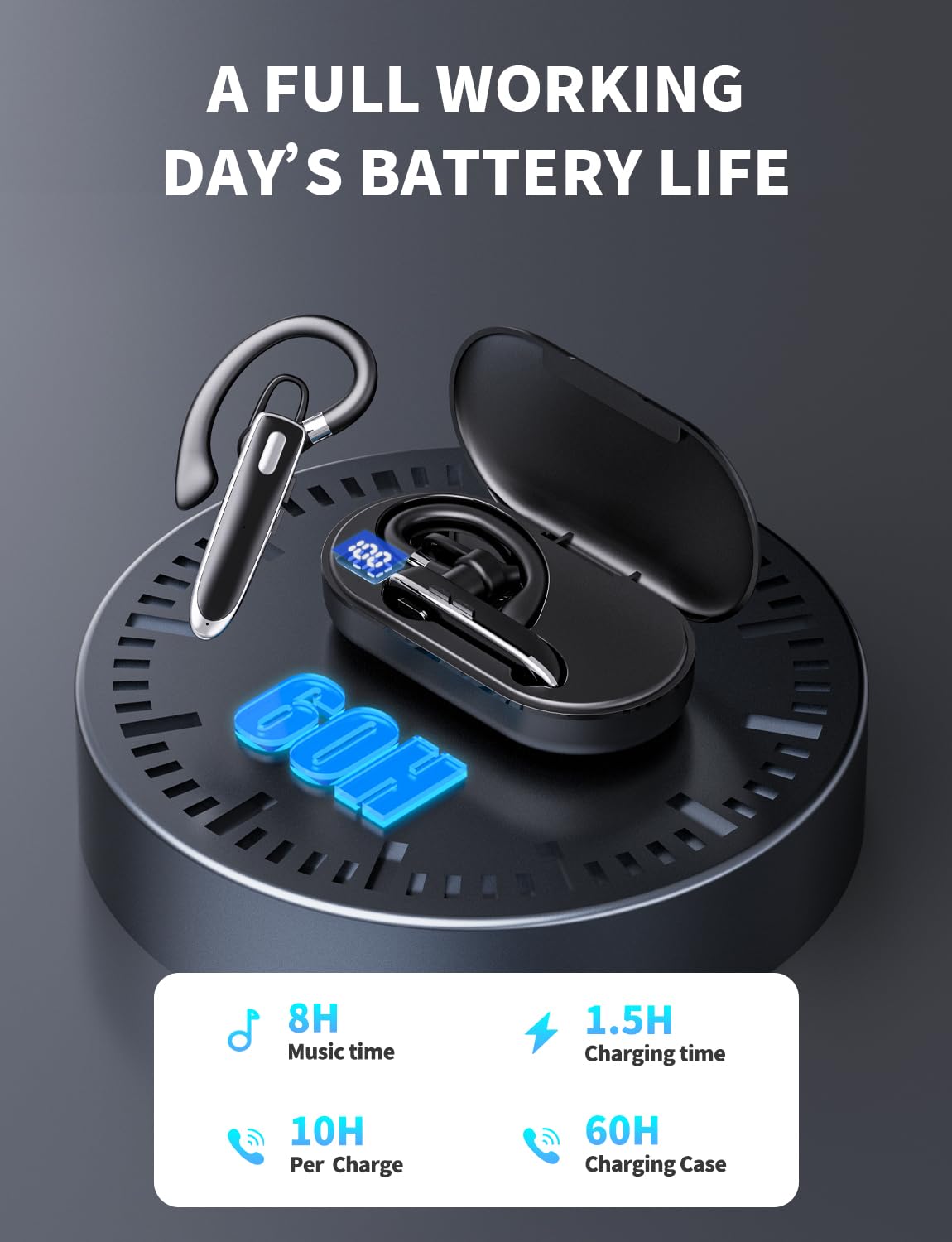 Oreillette Bluetooth à une oreille avec Bluetooth 6.1, casque Bluetooth pour 100 heures de veille, batterie 800 mAh, casque sans fil avec micro, casque Bluetooth pour conduite, travail, camionneur