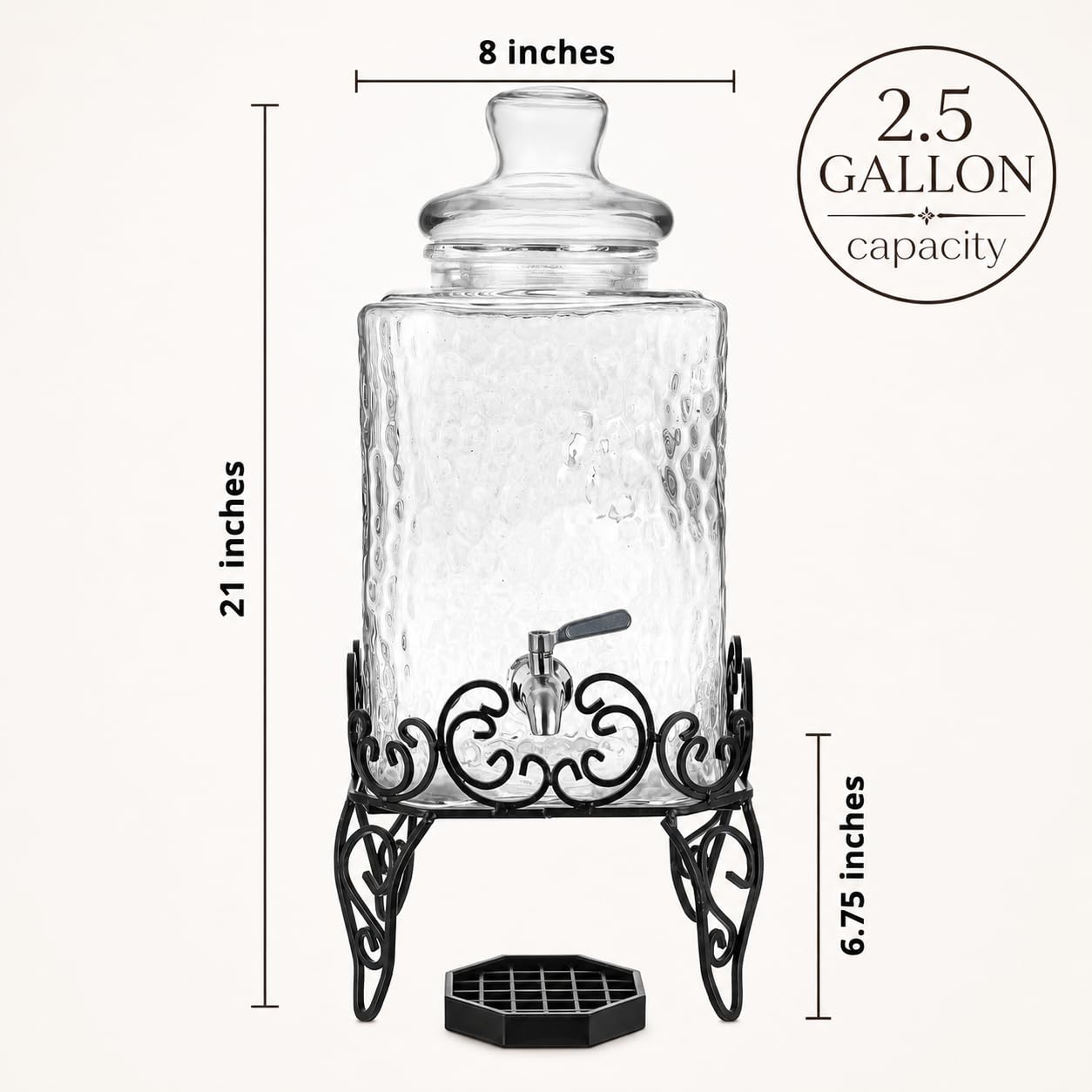 Dispensador de bebidas de vidrio de 2,5 galones con espiga de acero inoxidable sobre soporte de metal y bandeja de goteo, dispensador de tarro decorativo para té, té helado o kombucha