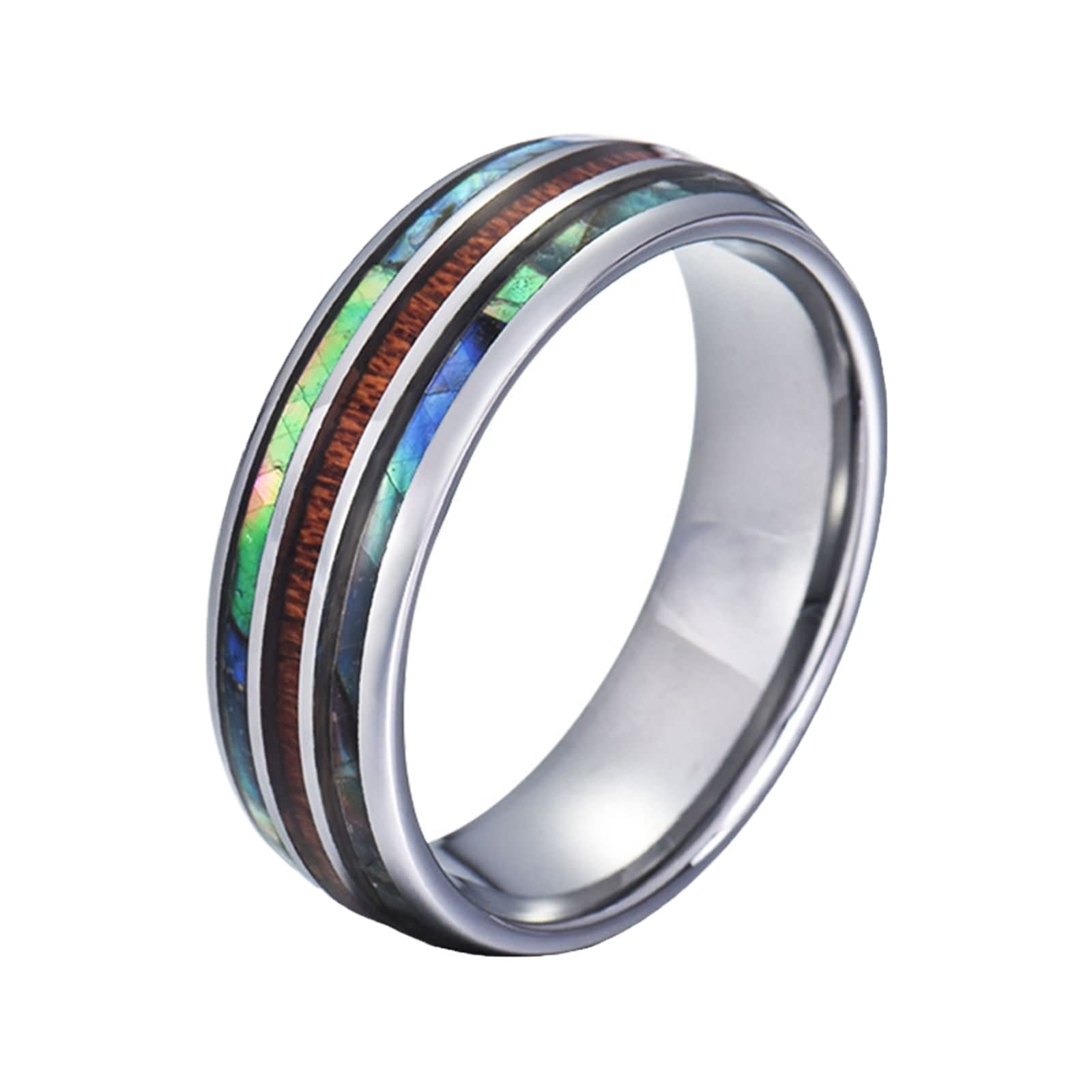 Anello Tungsteno Uomo Fede Nuziale Anello di Fidanzamento Intarsio di Legno e Abalone Anelli Uomo Personalizzabili 8MM Anelli Tungsteno Argento Misura 12-31