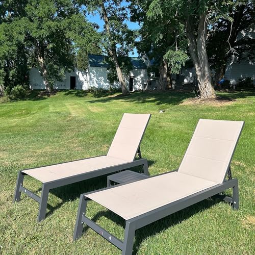 Image of PURPLE LEAF Outdoor Chaise Lounge Set of 2 with Wheels & Side Table, Camel | Double-layer Textilene with Sponge, Rustproof Aluminum Frame, 5-Position Reclining Back, Lightweight Build Easy to Move