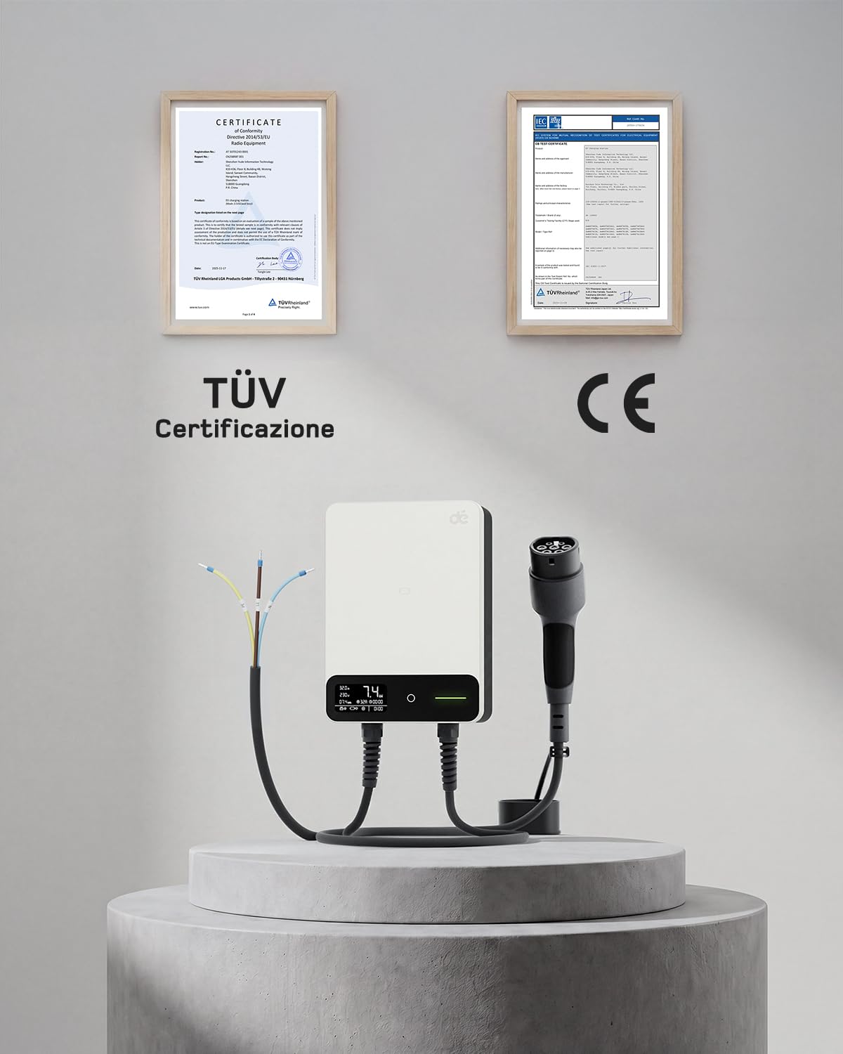 dé Wallbox 7,4 kW Tipo 2 con APP, Cavo Tipo 2 de 5m | Carichino Auto Elettrica 7,4 kW, RFID, 6-32A 230 V, Ricarica Programmata 0,5-8 h, IP54, RCD Tipo A 30 mA AC + 6 mA DC, Bianco