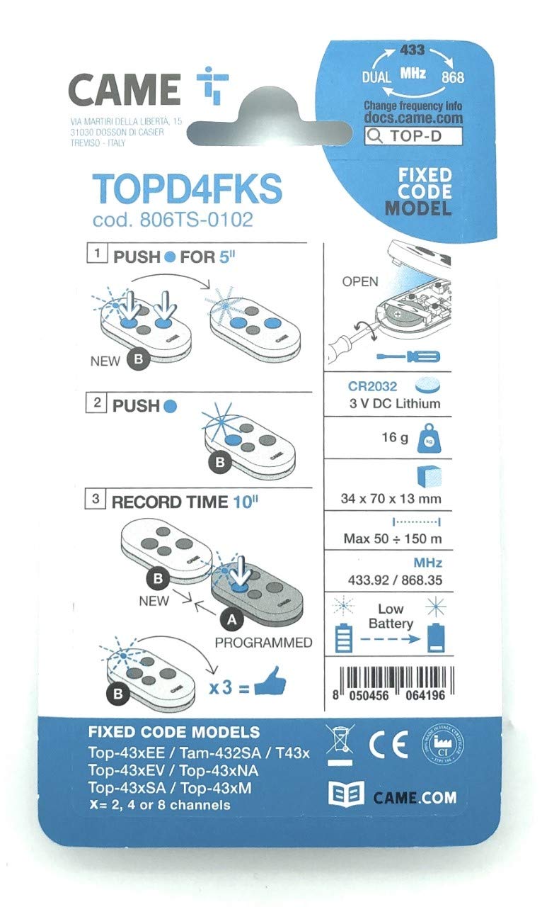 Télécommande CAME 4 canaux double émetteur, TOPD4FKS - 806TS-0102 (paquet de 3)