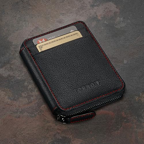 TORRO Leather Card Holder with Coin Case – RFID Blocking Premium Leather Credit Cardholder with Zipped Coin Pouch (Black with Red Detail)4