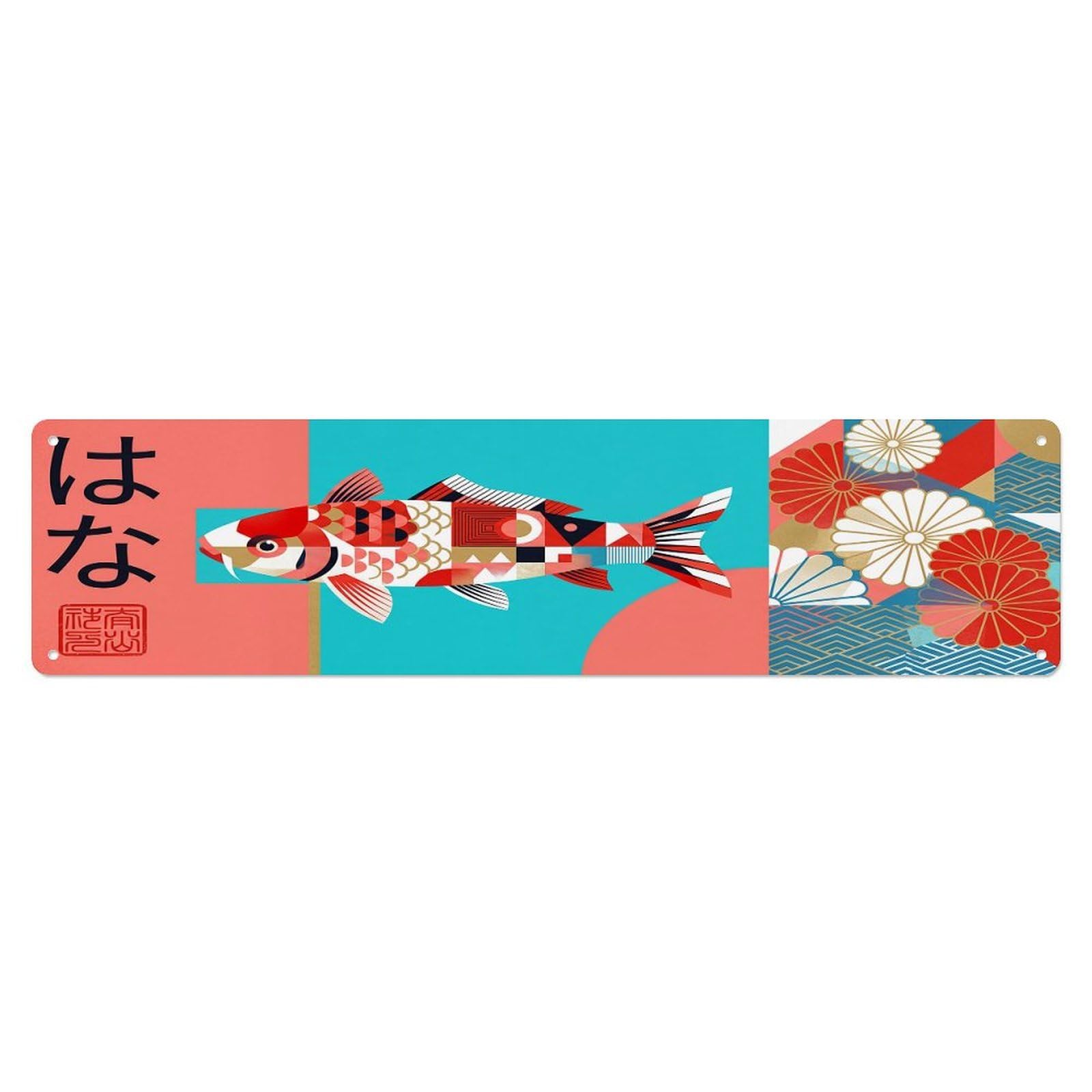 Olhnbad 4X16inch(10X40cm) Vintage Koi Fish Japanese Geometric Metal Tin Sign