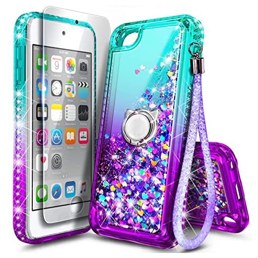 NGB iPod Touch 7 Case, iPod Touch 6/5 Case with HD Screen Protector and Ring Holder for Girls Women Kids, Glitter Liquid Cute Case for Apple iPod Touch 7th/6th/5th Generation (Aqua/Purple)