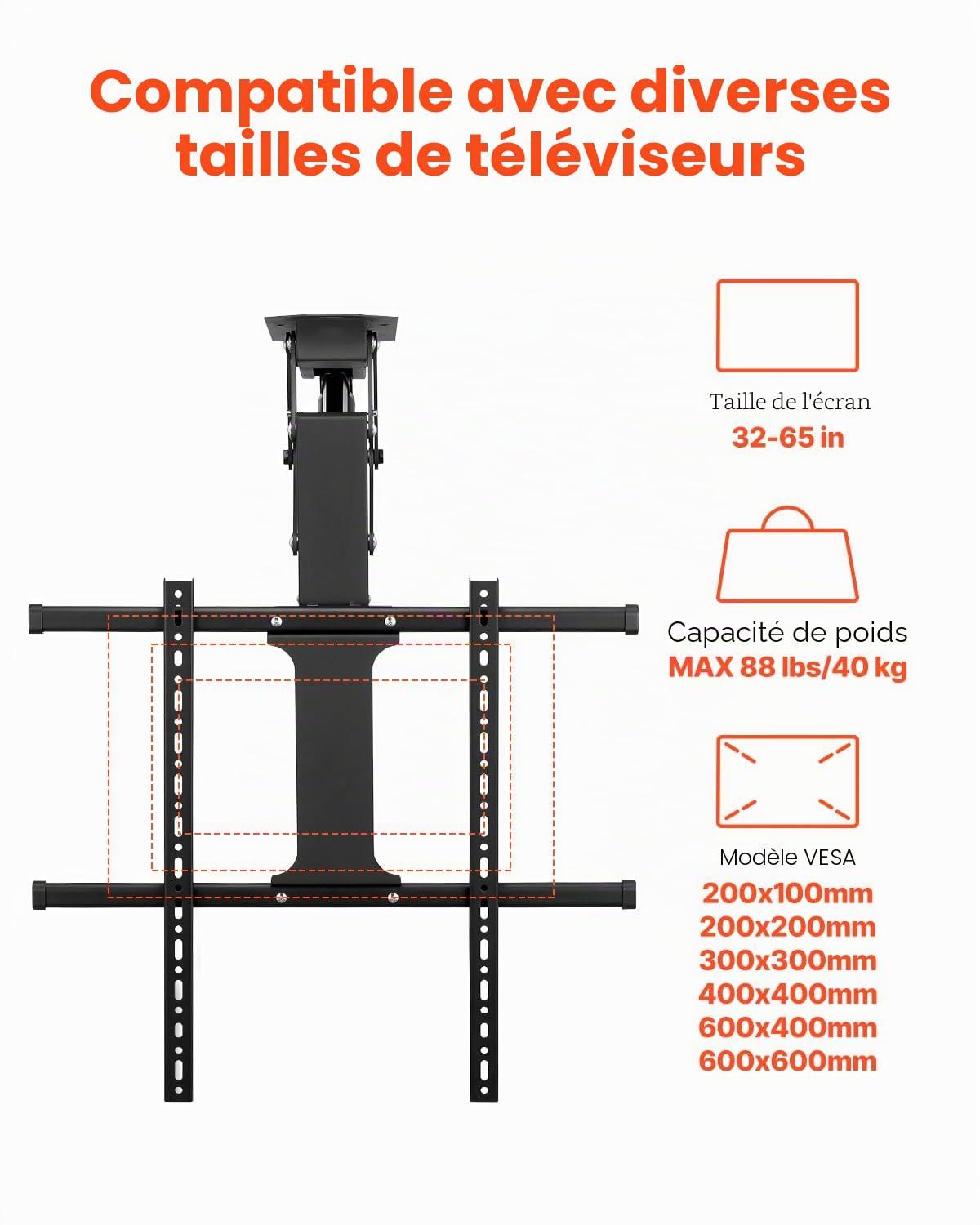 VEVOR Support TV Plafond Motorisé pour Écrans 32-65 pouces/81,3-165 cm, Fixation TV Réglable Électriquement, Accroche Téléviseur avec Capacité de Charge de 40 kg, Max. VESA 600x600 mm, Maison Bureau