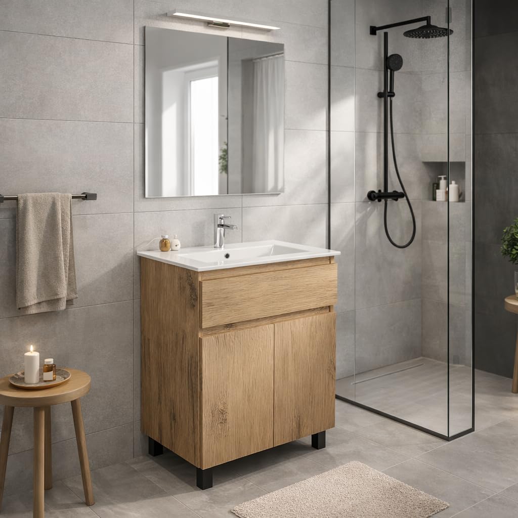 Umywalka z szafką podumywalkową, szerokość 60 cm Ariza SINK, szafka podumywalkowa z szufladą, wisząca lub stojąca - drewno/dąb Lancelot