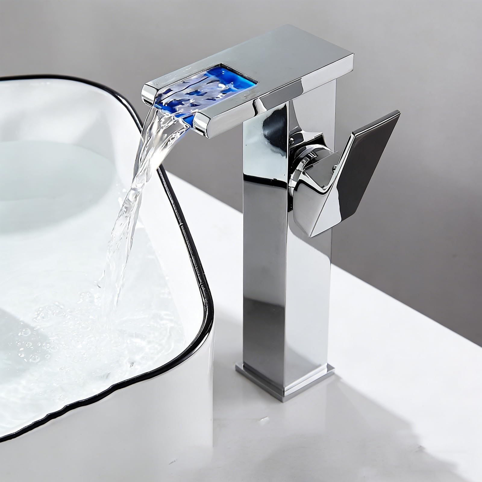 Rubinetto Bagno Lavabo Alto Cascata con Luce LED a Tre Colori Ottone | Miscelatore Lavabo Bagno Alto Quadrato Monocomando Energia Idroelettrica, Rubinetto Cucina, per Hotel(Silver)