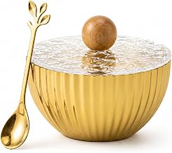 Gold Dry Fruit Bowl with Lid and Spoon Decorative Jar for Sugar, Mukhwas Mishri Nuts & Snacks Storage Serving Bowl for Dining Table Decor Gift Item for Wedding Housewarming, Diwali & Festivals