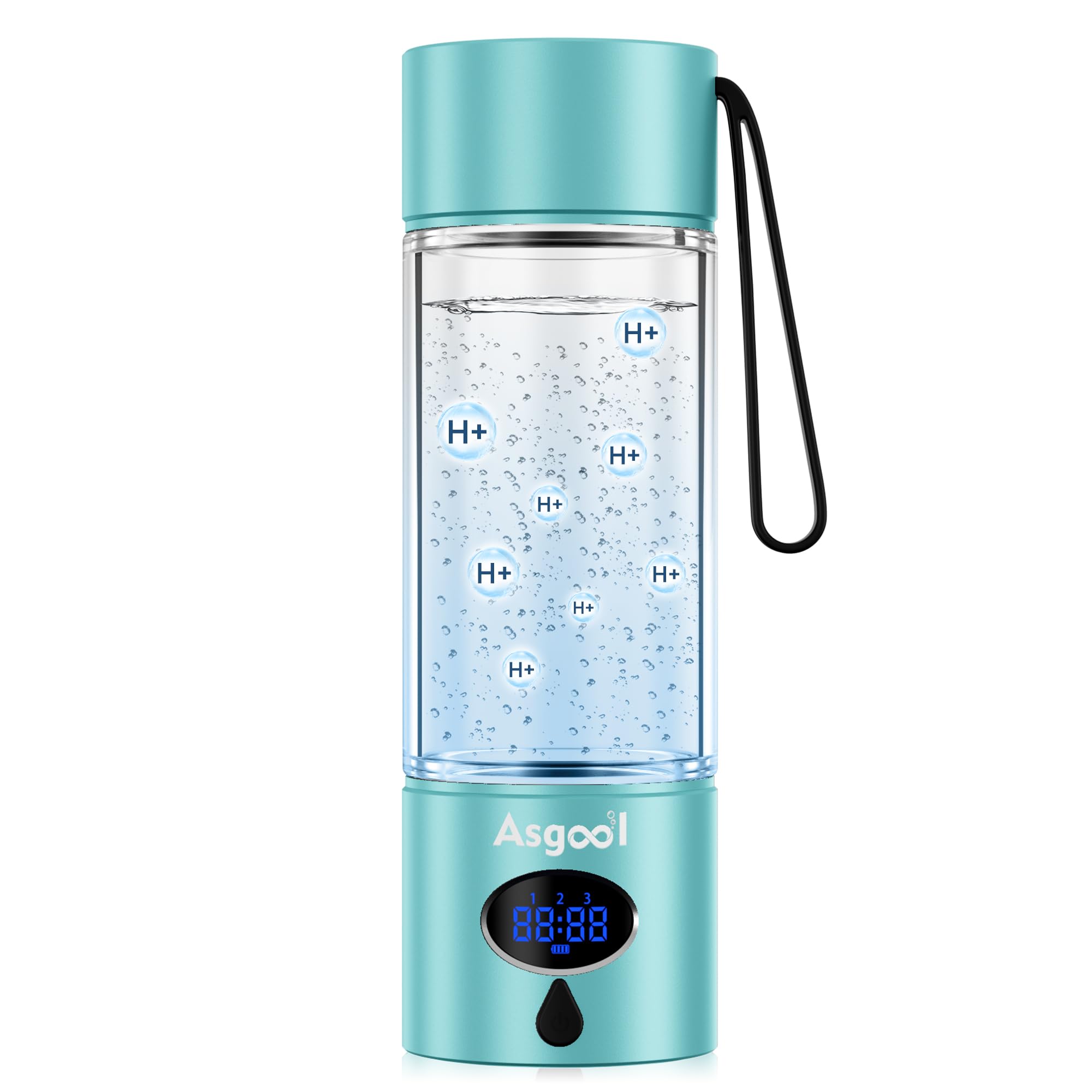 hydrogen water bottle - 5000 ppb in 8 minutes, cyclic mode for 8 hours, self clean, aluminum & glass, 360ml capacity, for travel, sports, office, home (cyan-blue)