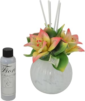 Ceramic Reed Oil Diffuser Porcelain Capodimonte Roses or Flowers Home Fragrance Diffuser Set with 4oz Bottle of Oil Pink and Yellow Lilies Black Velvet Scent