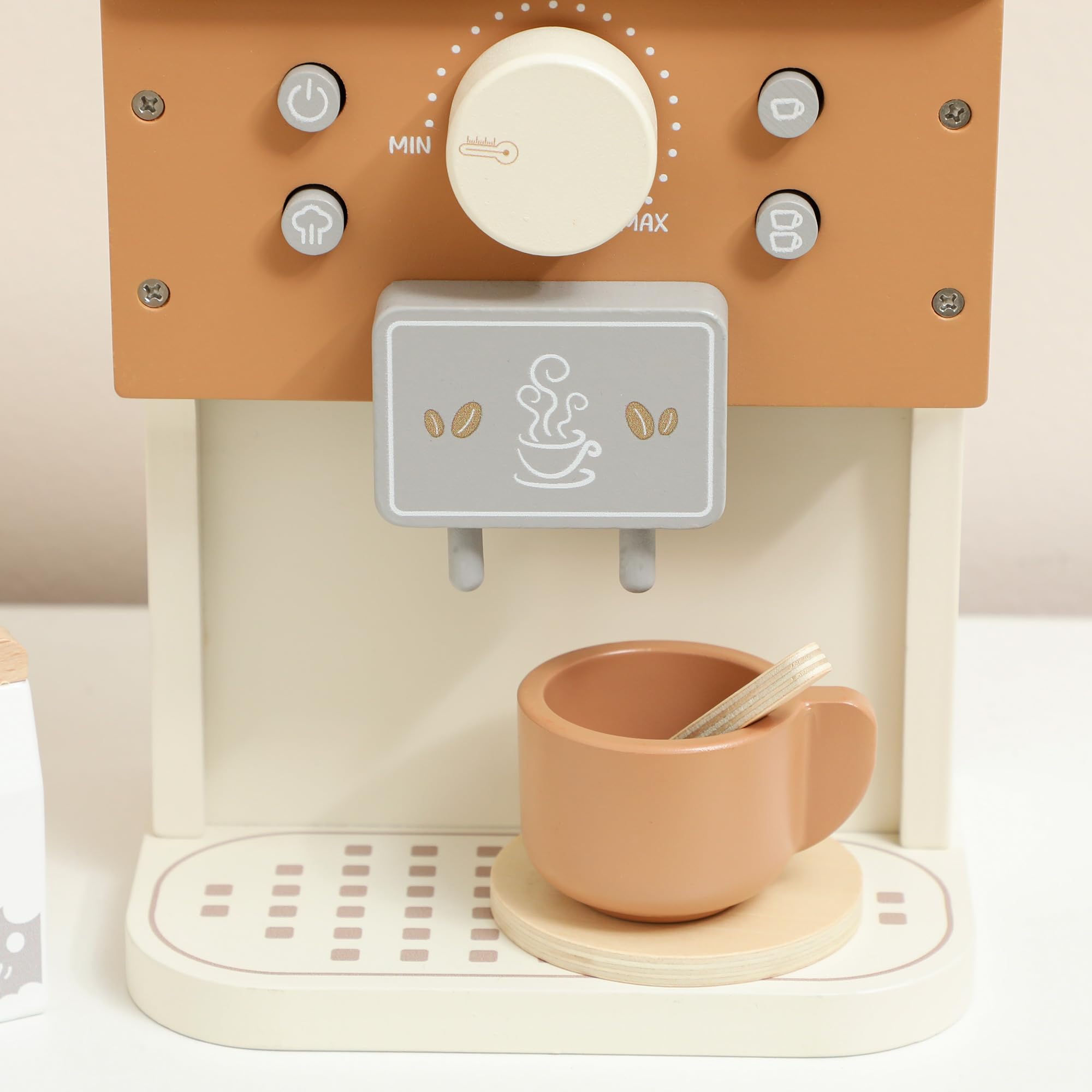 AIYAPLAY Set Macchina del Caffè Giocattolo in Legno, Gioco in Legno per Bambini da 3 Anni in Su con Pulsanti e Accessori, Marrone