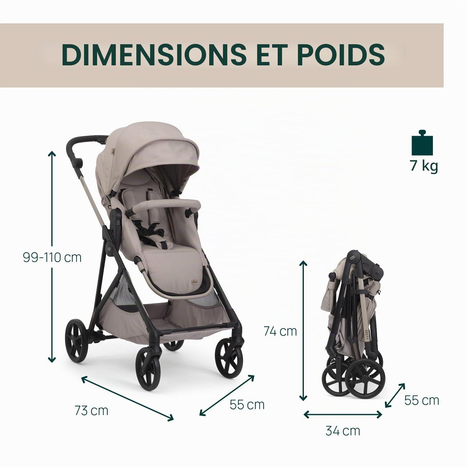 Chicco Poussette Seety, Poussette Légère et Compacte de 0 Mois à 4 Ans, Charge Max 22 kg, Poussette Pliable, Dossier Inclinable, Fermeture Automatique en 1 Geste, Canopy Pare-soleil et Habillage Pluie