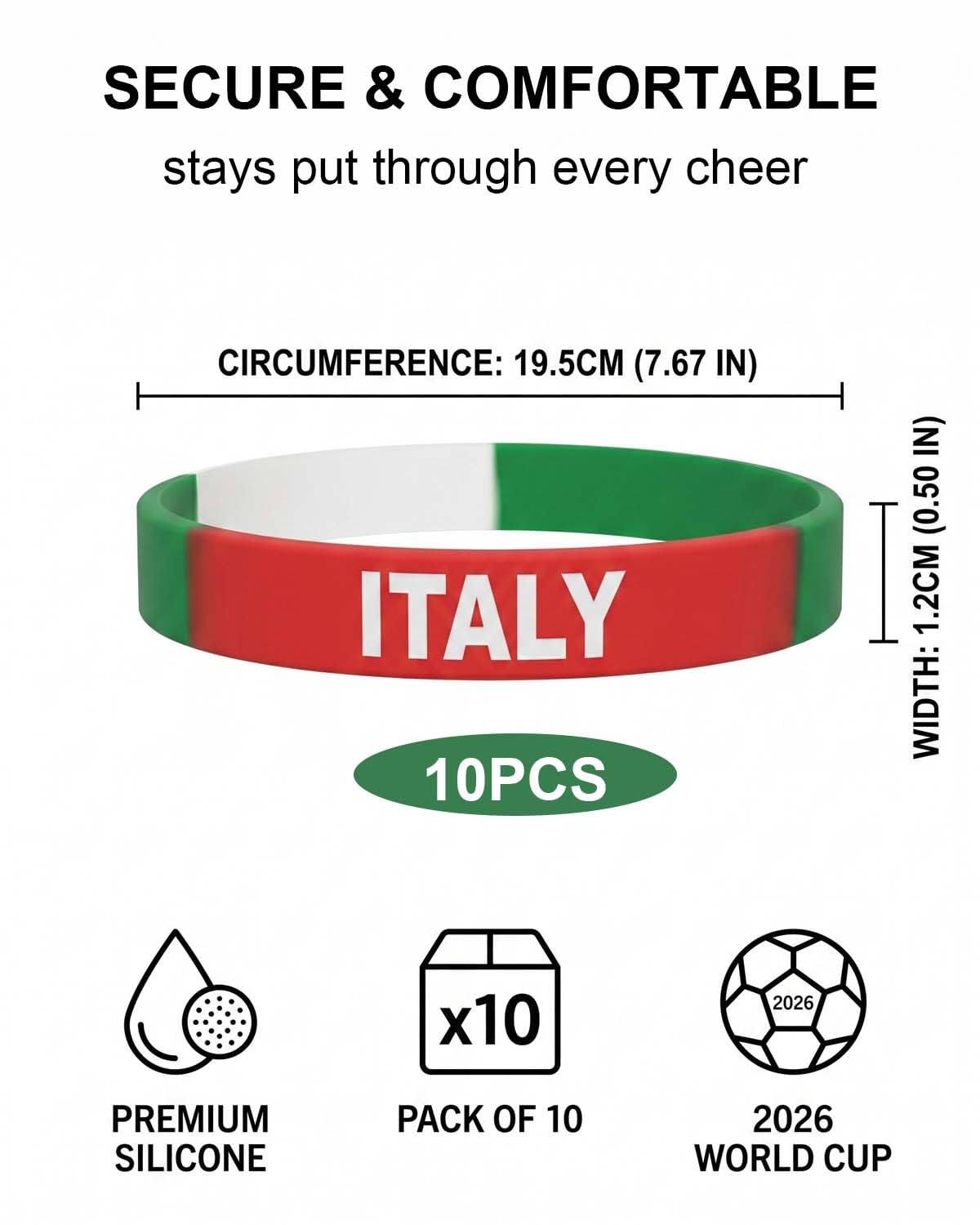 TISCH Bracelets Silicone Italie, Lot de 10 – Drapeau Italien Mondial 2026 Fans & Cadeau Ultime pour Supporters de Football, WM 2026. Accessoire Fan Premium.