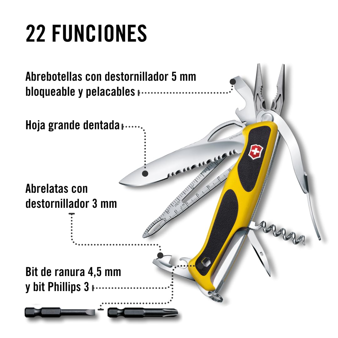 Victorinox Ranger Boatsman MW Grip, Navaja Multiuso Suiza, Cuchillo bolsillo, Regalo, 22 Funciones, Needle-nose pliers, Nut wrench, Bloqueable, Hoja para una mano