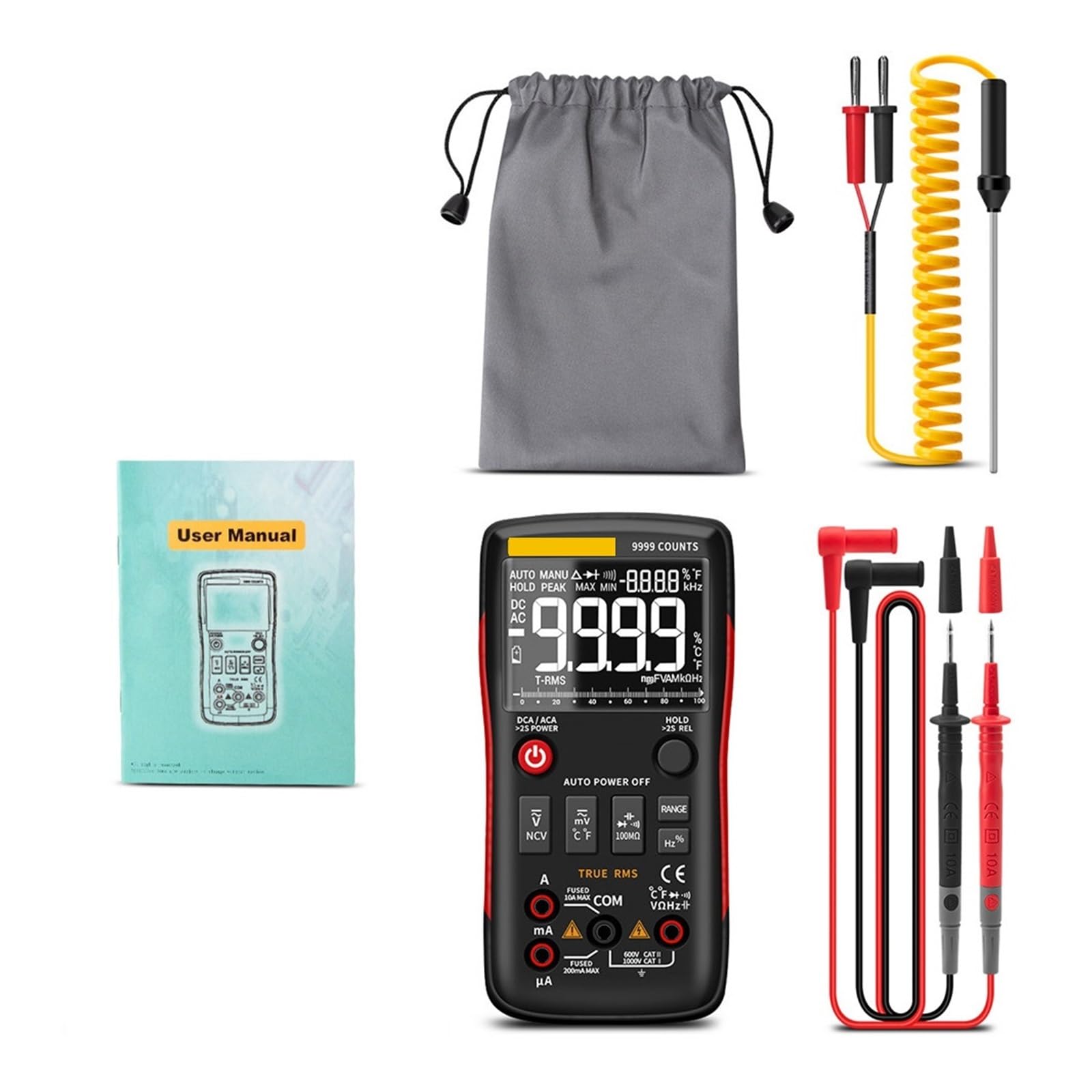Comprobador MultíMetro Multímetro Digital 9999 Probador Analógico True RMS Multímetro Profesional DIY Transistor Capacitor NCV Testers Medidor LCR Precisión Seguro(Q1 Red min)