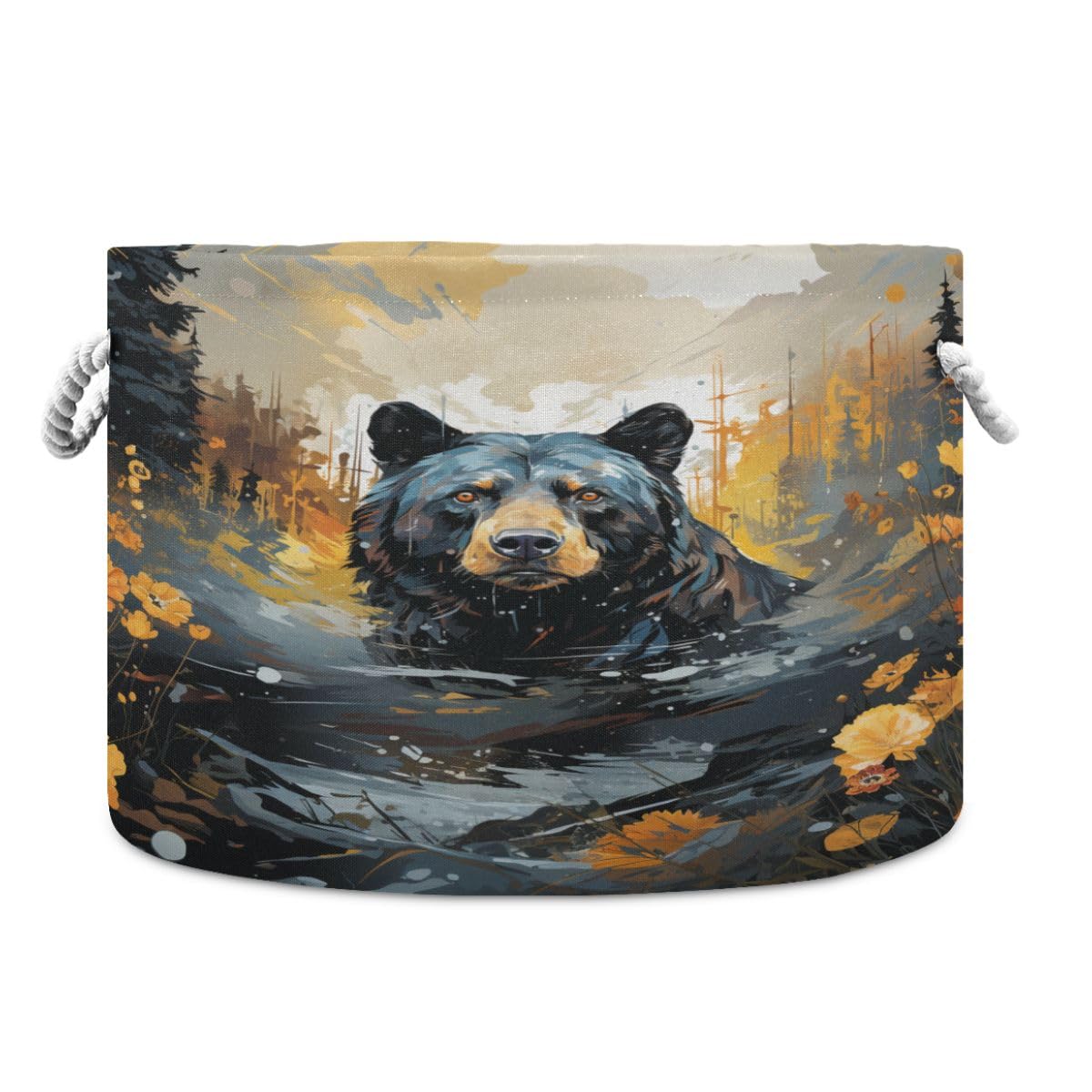 Round Storage Basket Black Bear in The Forest Open Home Storage Bin 20 * 13.9in