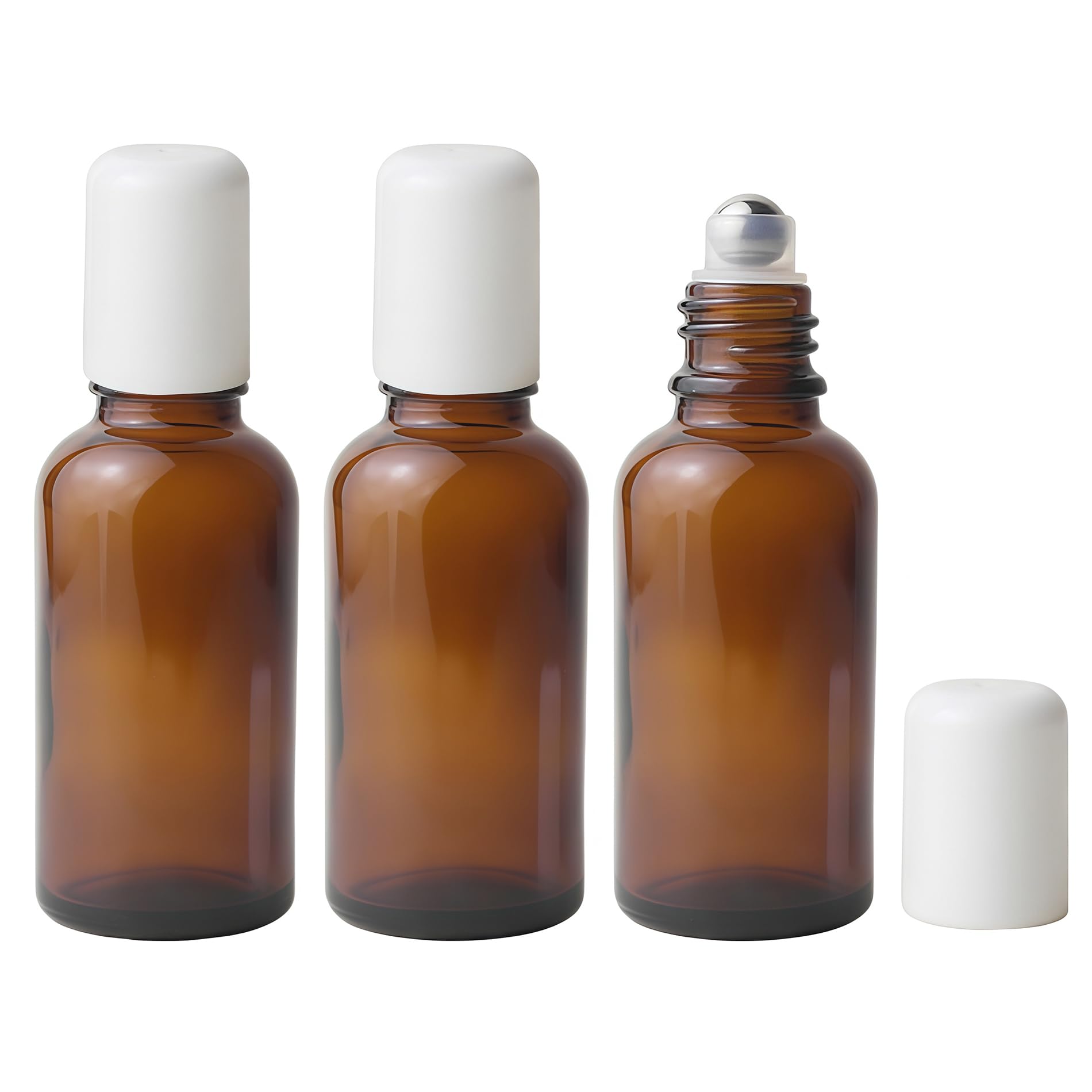 3PCS 30ml/ 1oz Empty Amber Glass Roll-on Bottles with Stainless Steel Roller Balls and White Cap for Essential Oil Lip Balms Container