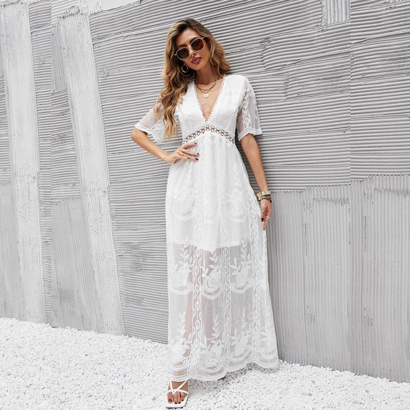Women's Lace Maxi Dresses Deep V Neck White Ankle-Length High-Waisted Bridesmaid Dresses Summer Beach3