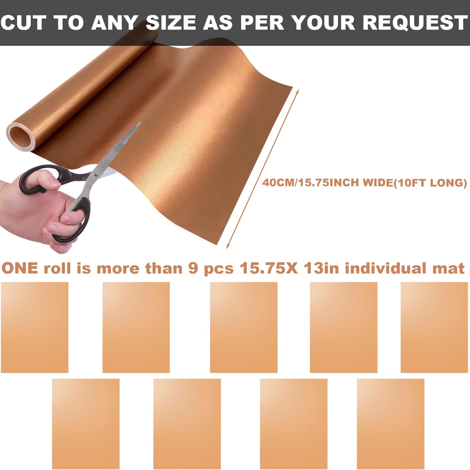 BBQ Grillmatte Roll, Zuschneidbare Grillmatten für Outdoor, Antihaft-Zubehör für Gas, Holzkohle, Elektrogrill (Kupfer)