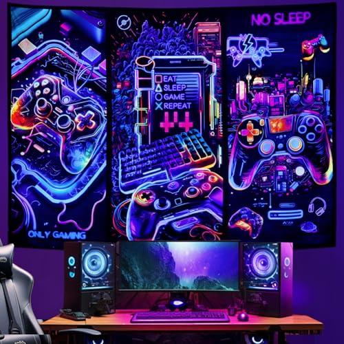 Galoker Blacklight Gaming Tapestry Cool Neon Game Controller Tapestry UV Reactive Gamer Player Wall Tapestries Funny Art Gaming Poster Tapestries Wall Hanging for Home Decor