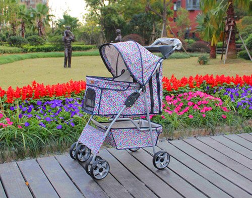 Pink Leopard 4 Wheels Pet Dog Cat Stroller w/RainCover