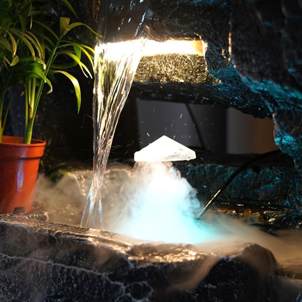 Elegant Multi-Flow Cement Water Fountain with Decorative Plants, LED Lights, and Traditional Aesthetic - Ideal for Indoor and Outdoor Spaces, 77 inch Long, 71 inch Tall