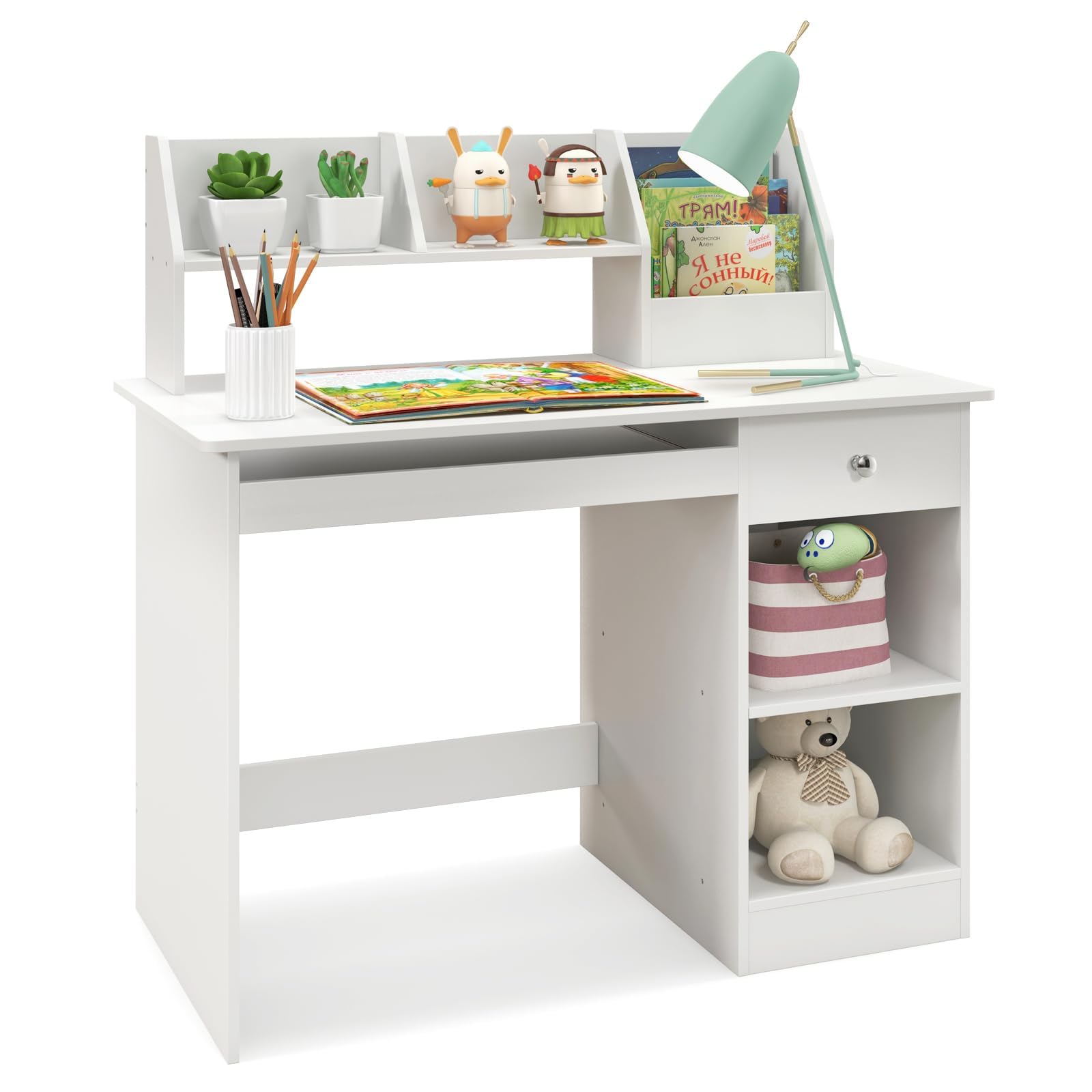 RELAX4LIFE Scrivania per Bambini in Legno 90x45x90CM, con Libreria e Cassetto e 2 Ripiani e Ripiano per Tastiera, Scrivania per Bambini con Dispositivo Antiribaltamento, Carico 100KG (Bianco)