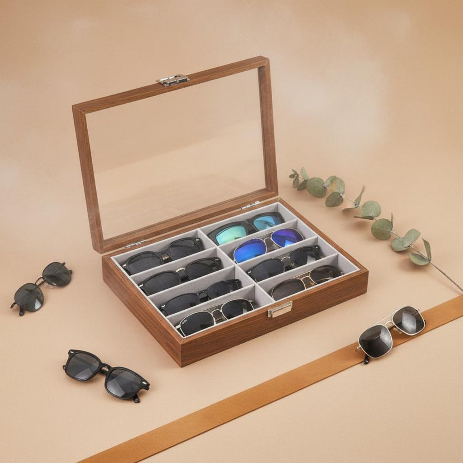 Étui de Rangement Lunettes Boîte Présentation Organisateur Vitrine Couvercle Transparent avec Charnière et Fermoir Protection Contre la Poussière en, Marron, Marron Intérieur Gris