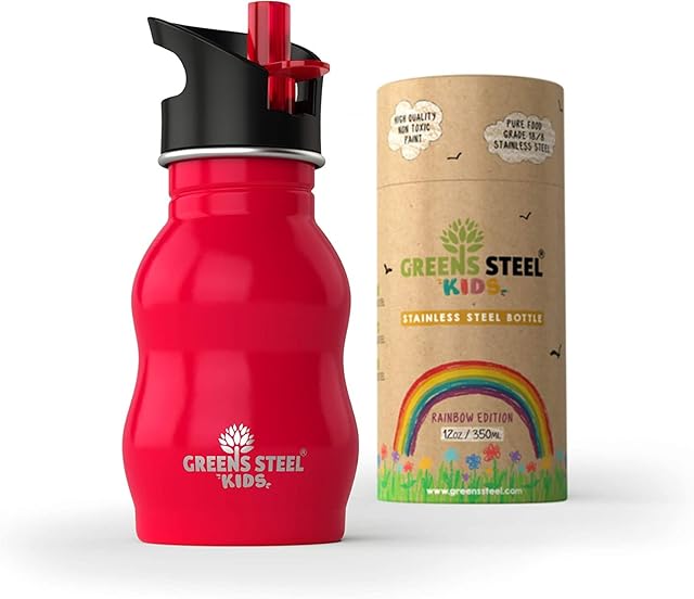 Kids Water Bottle - 350ml, Red | Stainless Steel | Upgraded Leak Proof Lid With Straw & Handle for Children | Easy Sip Toddler Cup | Eco Friendly Drinks Bottle | Great for a Lunch box or Gift